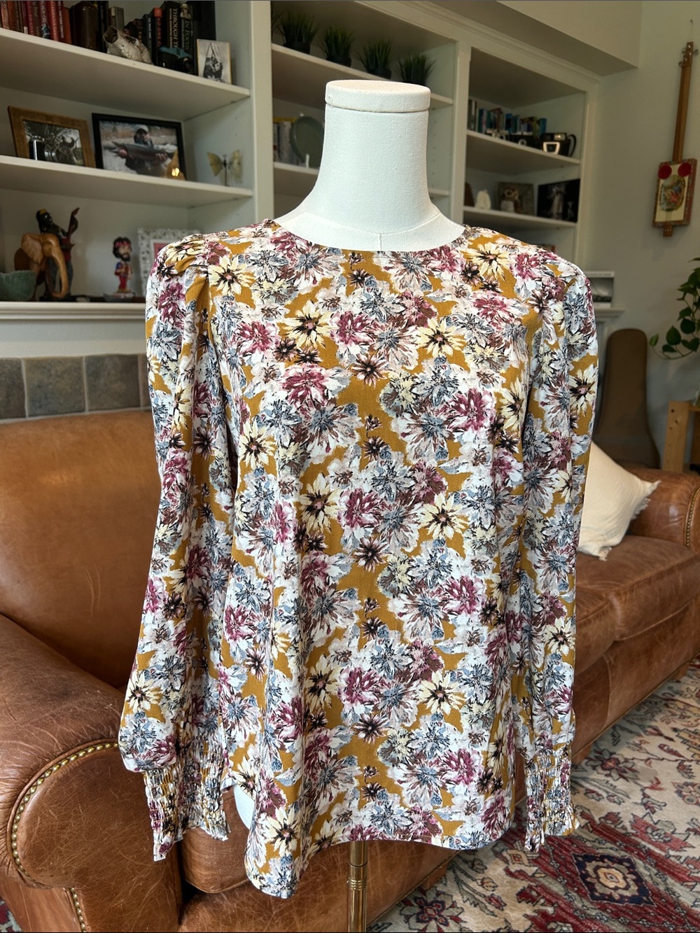 Pleione Mustard Floral Long-Sleeve Blouse